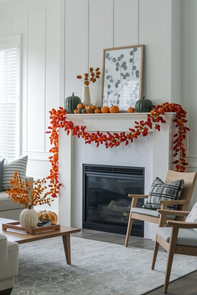 modern light living room with garland made from autumn leaves draped along mantel as fall decoration