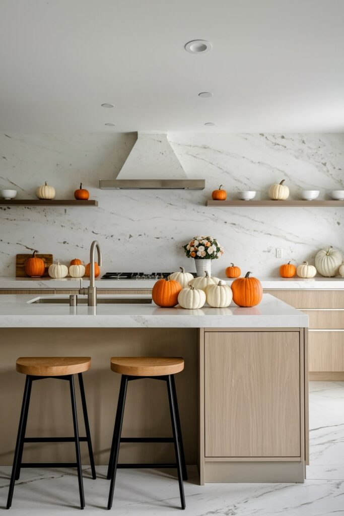 modern light wooden kitchen with white and orange pumpkins on counter as Halloween decor