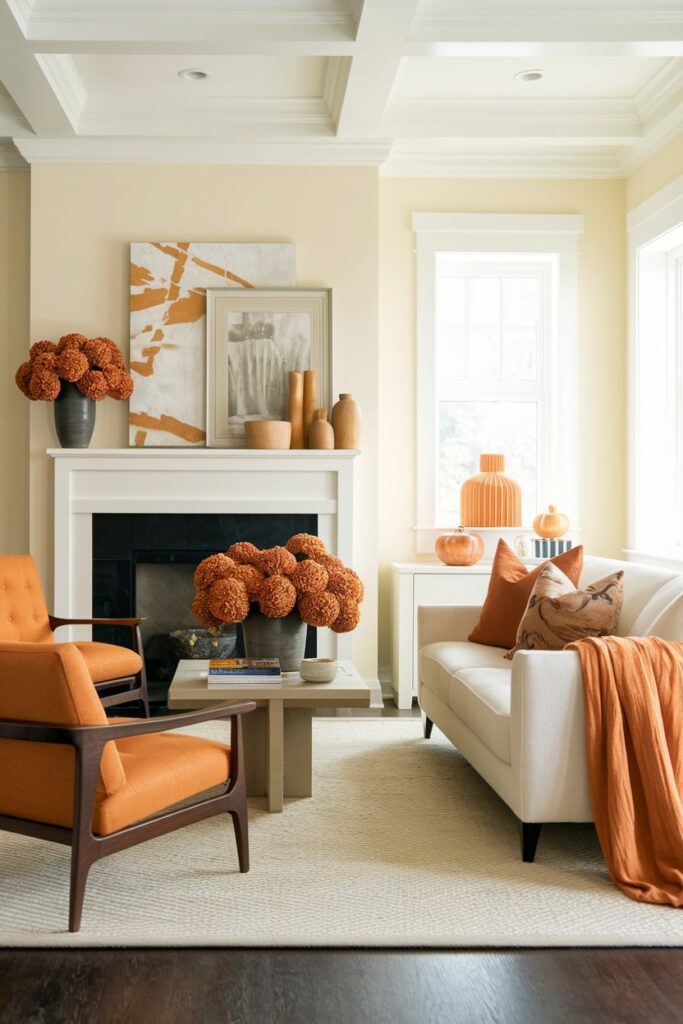 modern living room in orange and cream colors with warm orange tone flowers as Thanksgiving decor