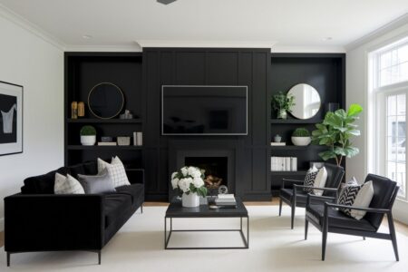 modern living room with black accent wall, black velvet couch, and black leather chairs