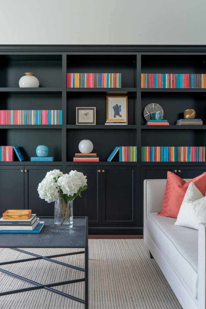 modern living room with black built-in shelving with colorful books and light gray couch