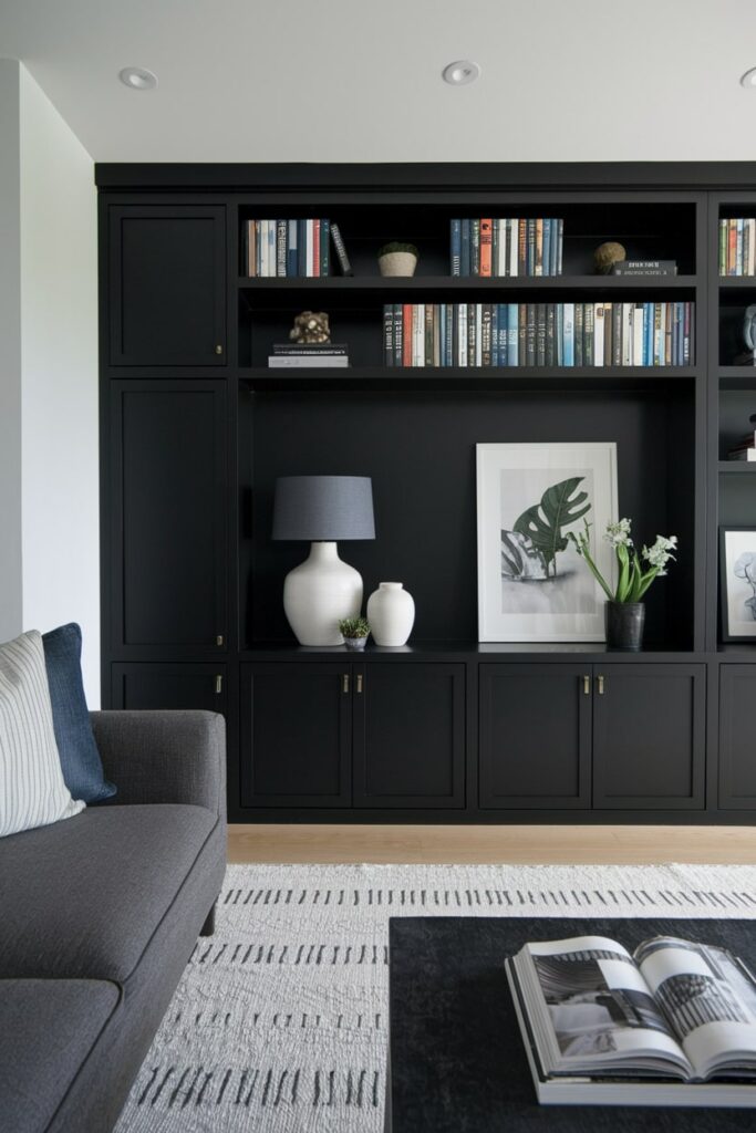 modern living room with black built-in storage and gray couch