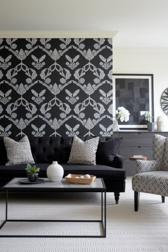 modern living room with black patterns and prints in textiles and wallpaper, solid black couch