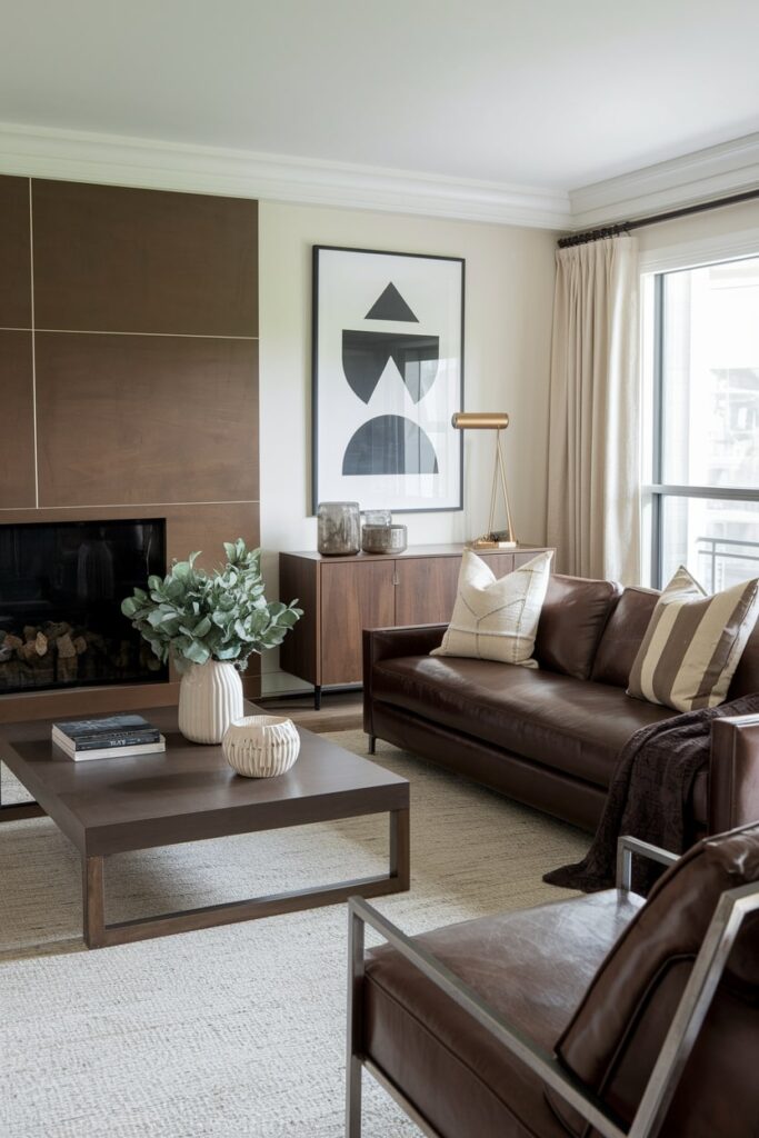 modern living room with brown furniture with clean geometric shapes and fireplace