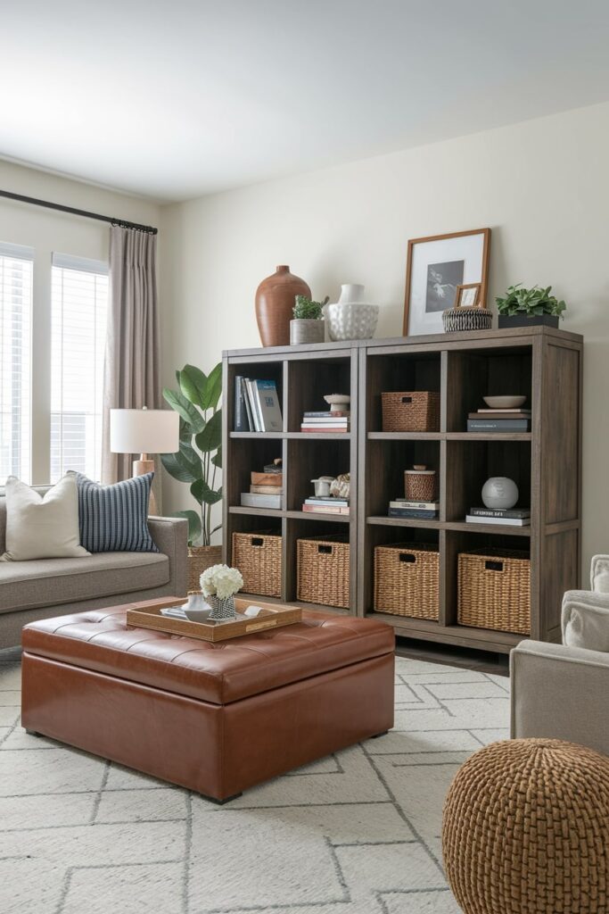 modern living room with brown leather ottoman and wooden bookcase with woven baskets for storage