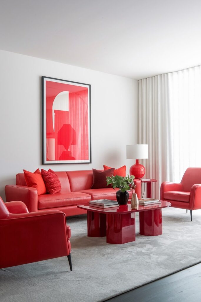 modern living room with cherry red furniture and artwork, white walls