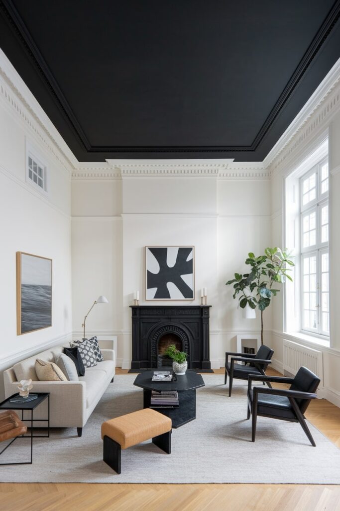 modern living room with high black ceiling and white walls