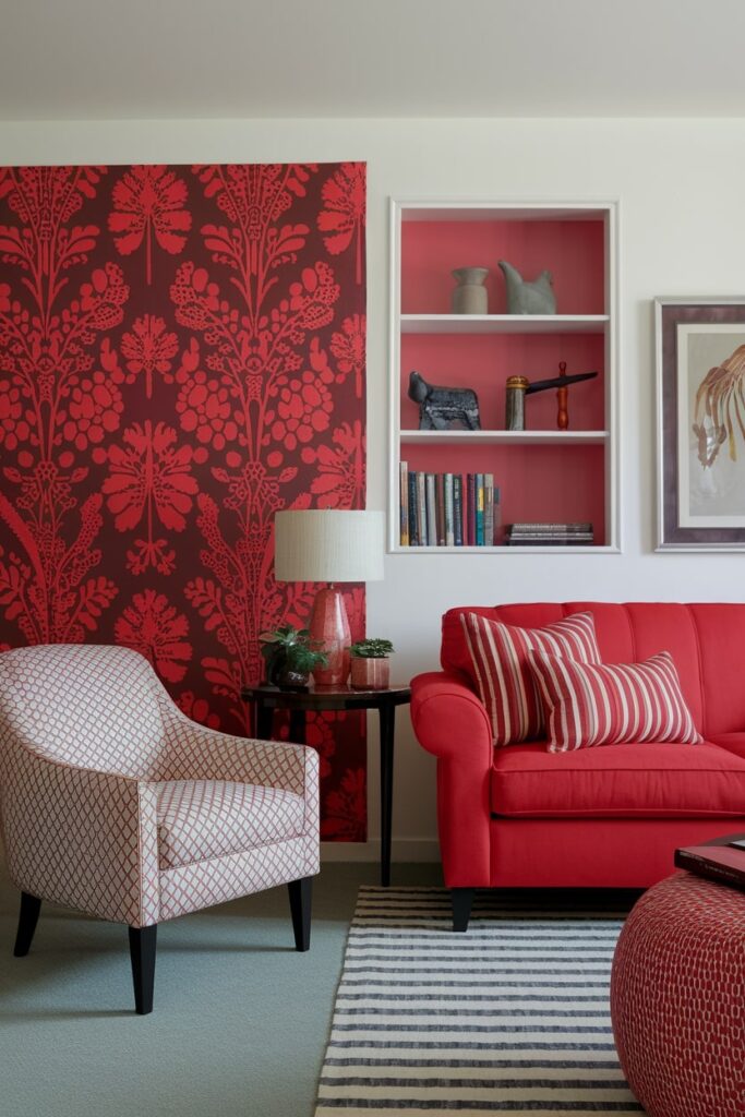 modern living room with mix of red patterns in upholstery, wallpaper, and decor