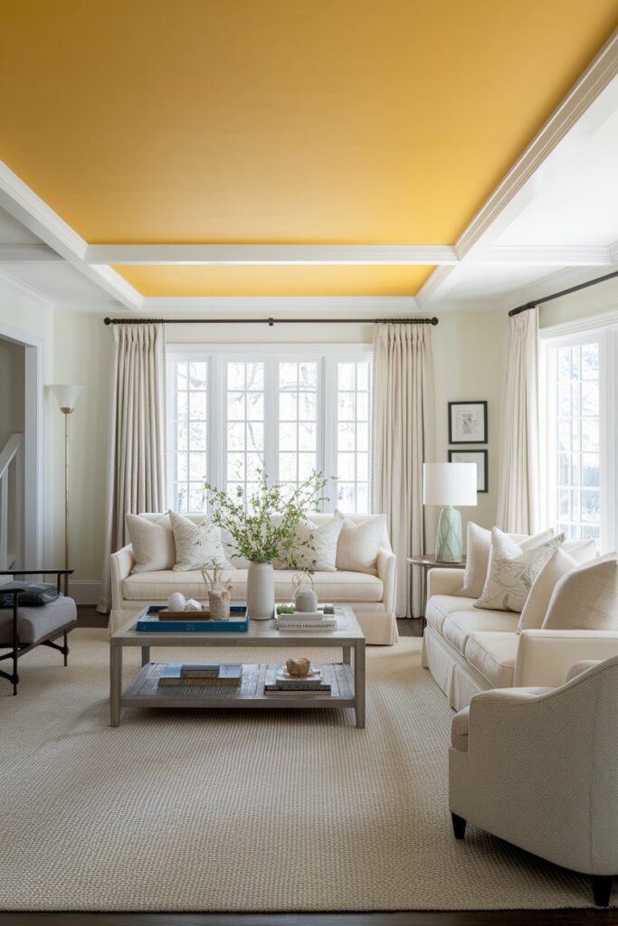modern living room with neutral walls and yellow ceiling