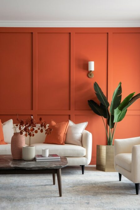 modern living room with orange accent wall, cream furniture, and geometric gold planter