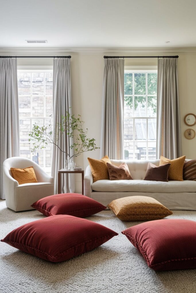 modern living room with oversized floor cushions in rich autumn colors as fall decor