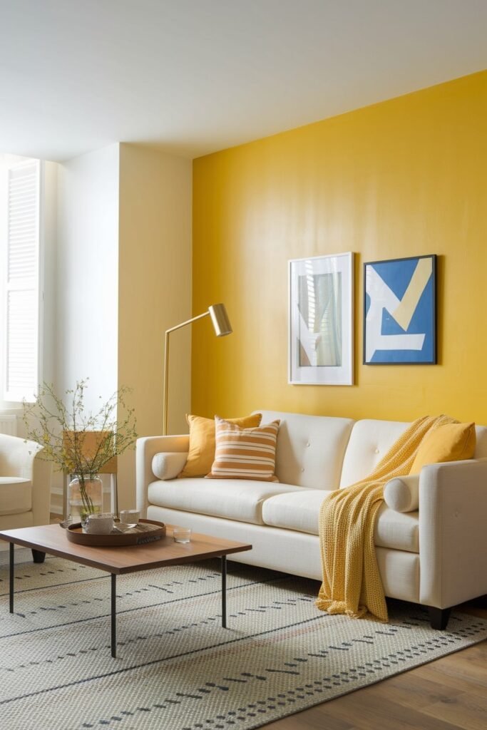 modern living room with sunshine yellow accent wall, cream or white furniture, brass floor lamp