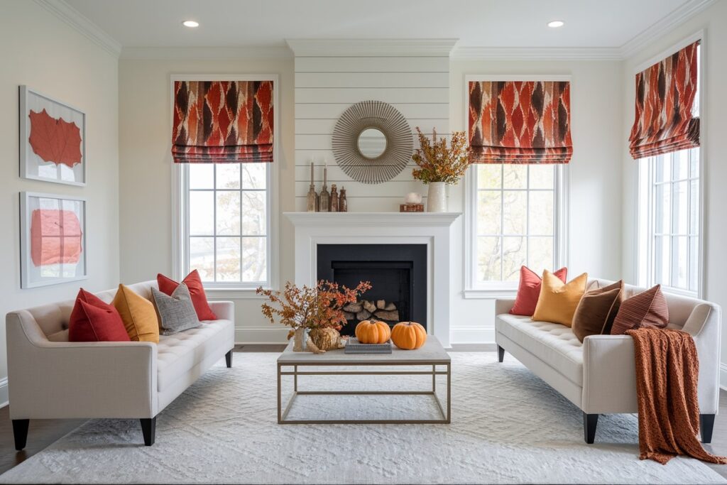 modern living room with Thanksgiving decor and fall color palette