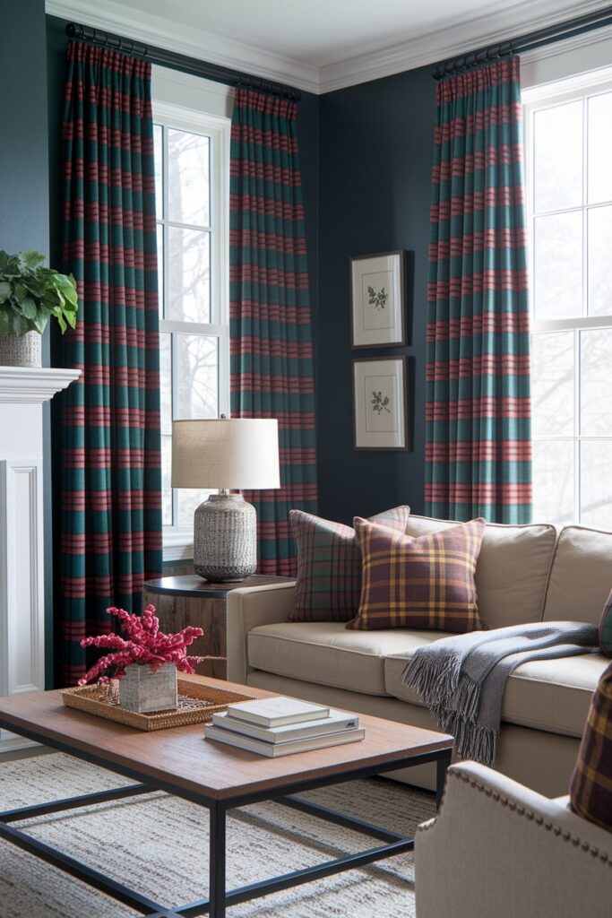 modern living room with various plaid patterns in pillows and curtains as fall decor
