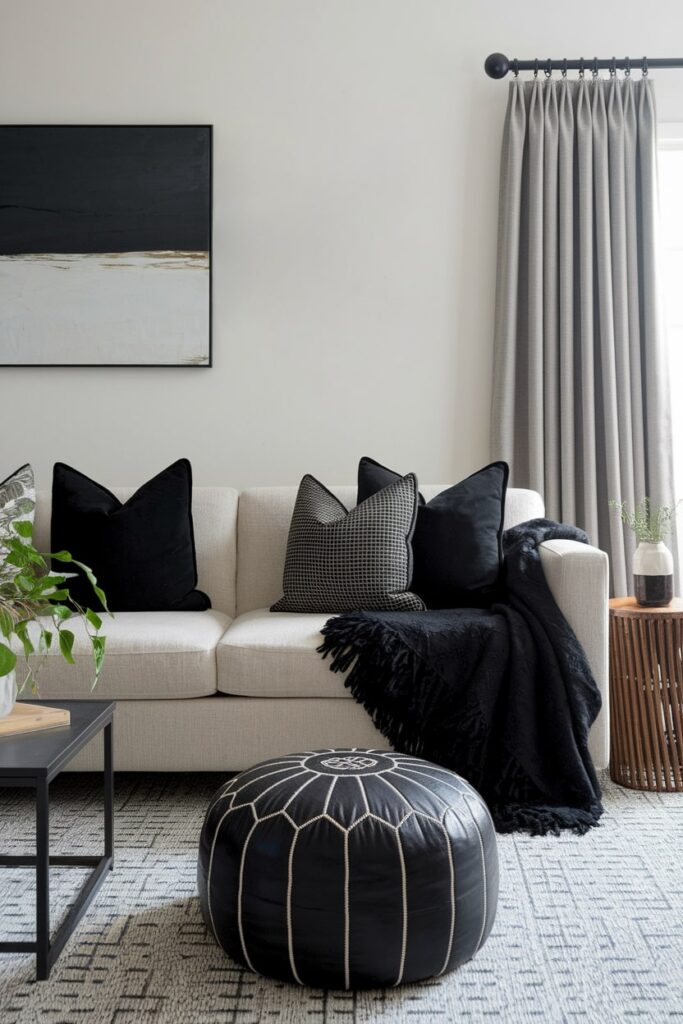 modern living room with white walls and layered black textile, black wool throw, velvet pillows, leather ottoman