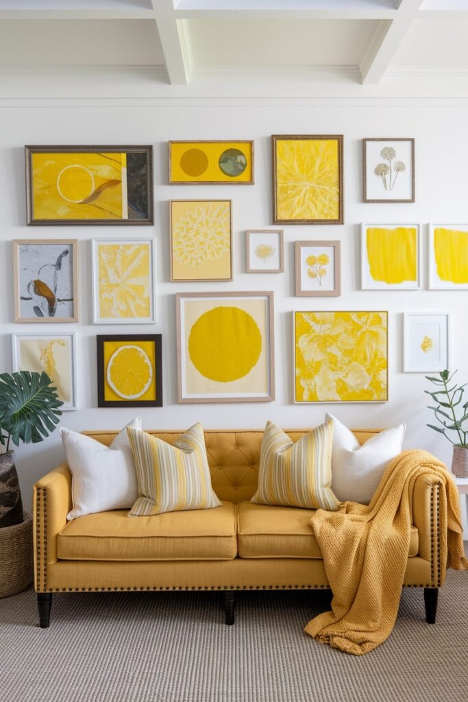 modern living room with yellow couch and yellow gallery wall