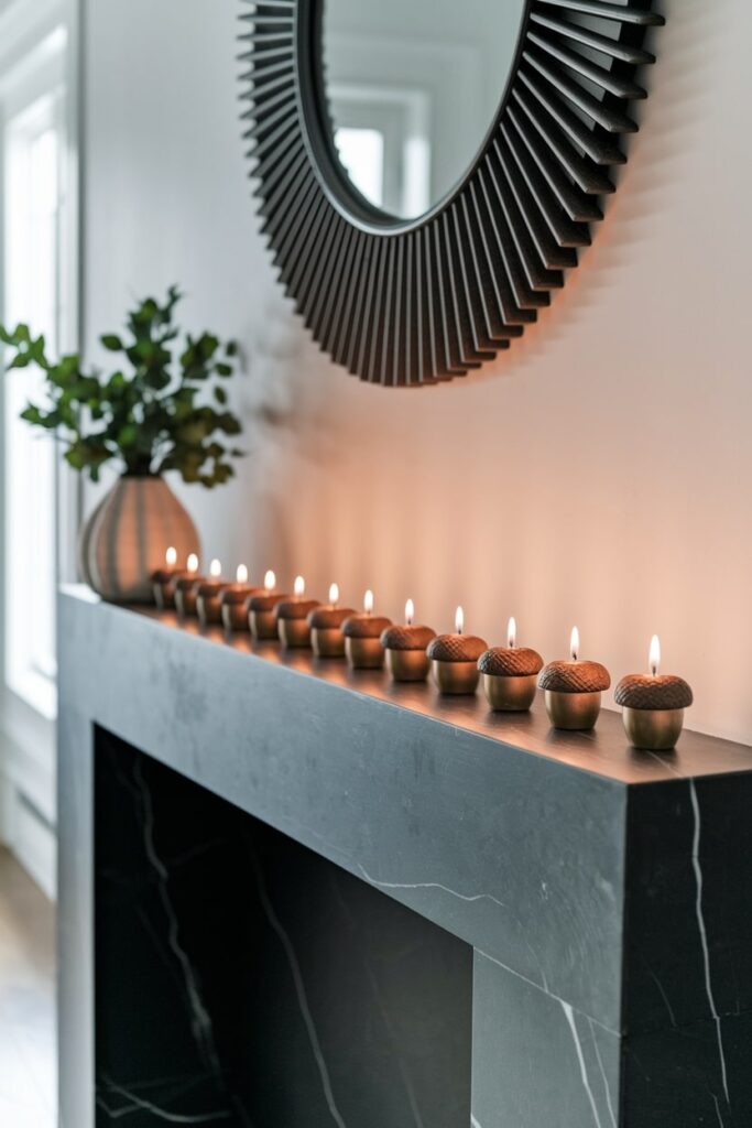 modern mantel with a row of mini acorn candles as fall decor