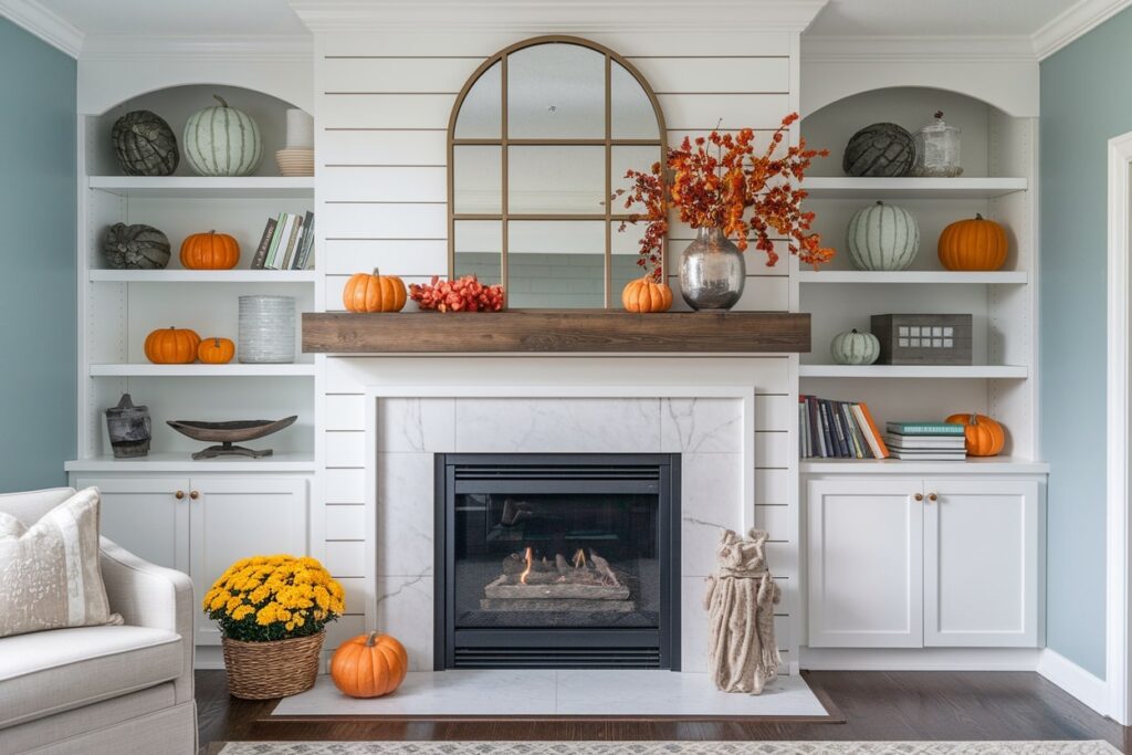 modern mantel with fall decor and arch mirror