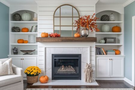 modern mantel with fall decor and arch mirror