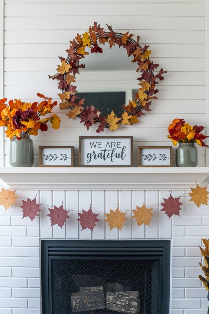 modern mantel with Thanksgiving gratitude message, fall foliage in gray ceramic vases as fall mantel decor