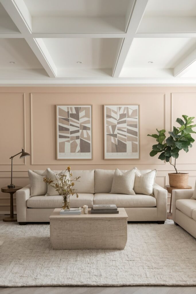 modern monochromatic beige living room with moldings and abstract artwork