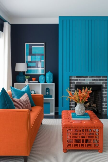 modern orange and blue living room with various shades of blue, orange couch and coffee table