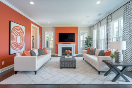 modern orange living room with light furniture and fireplace
