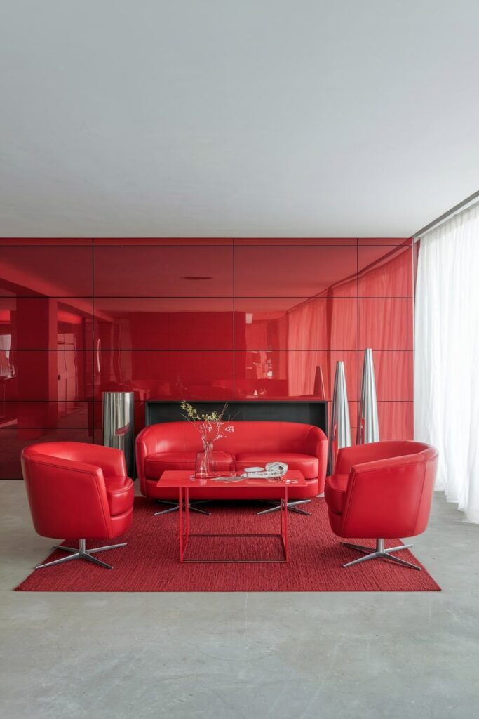 modern red living room design, sleek furniture, red glossy accent wall with wall panels