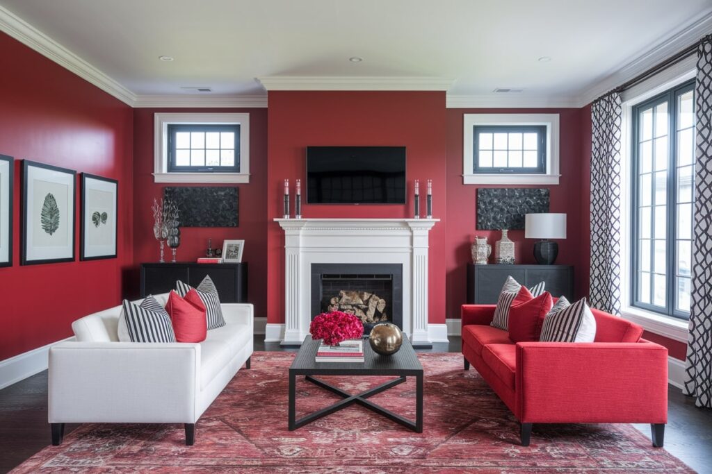 modern red living room with white accent couch and white fireplace surround
