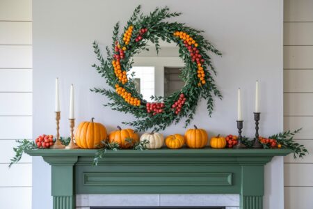 modern sage green mantel with Thanksgiving decor, pumpkins, wreath with berries