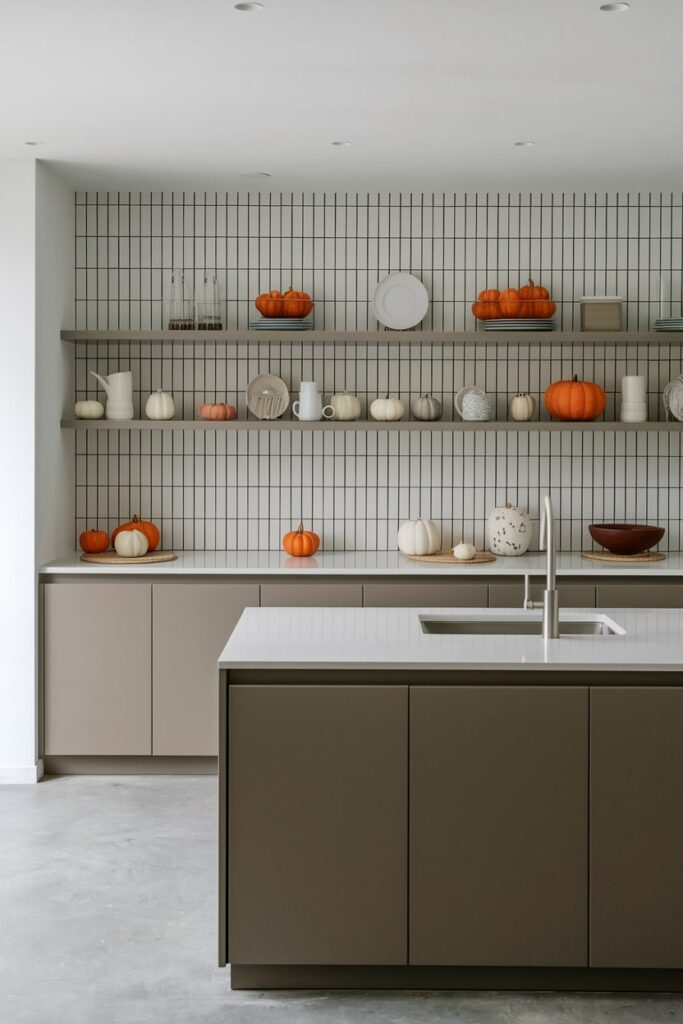 modern taupe kitchen with open shelving, small pumpkins, autumn-colored ceramic pieces as fall kitchen decor