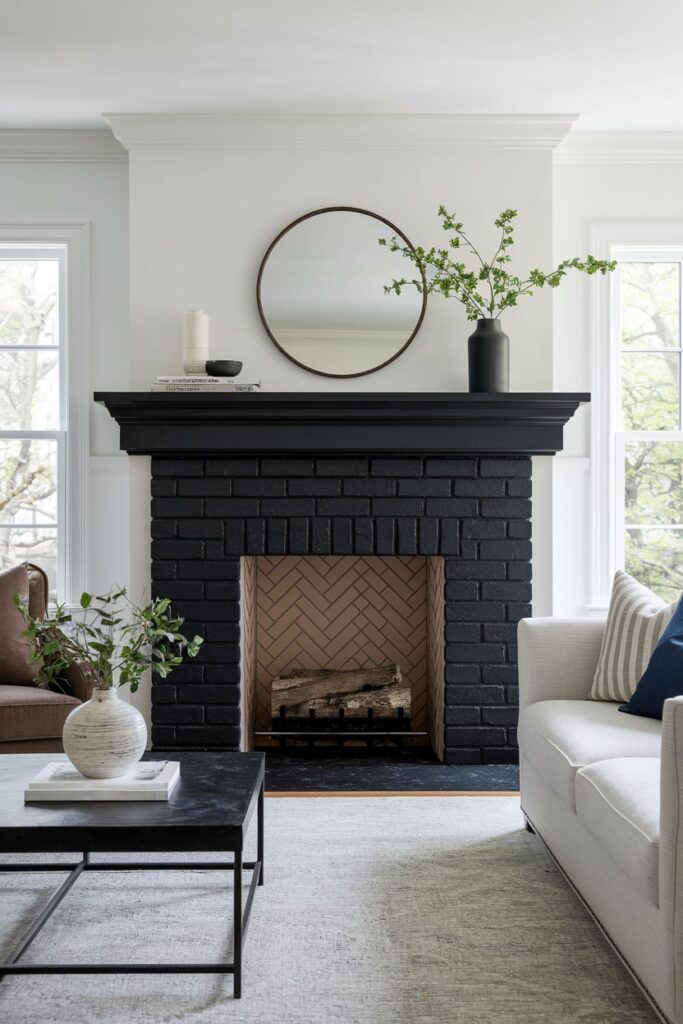 modern white living room with black brick fireplace surround and mantel