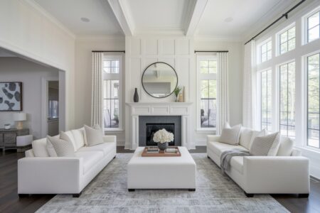 modern white living room with fireplace, open space concept