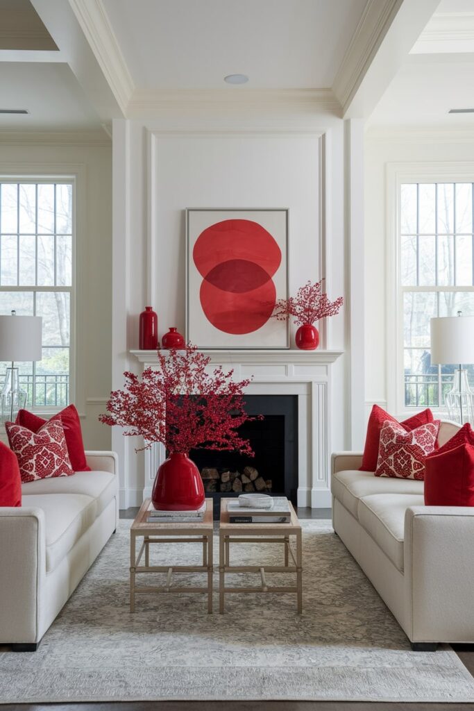 modern white living room with scarlet red decorative accents, throw pillows, artwork, vases