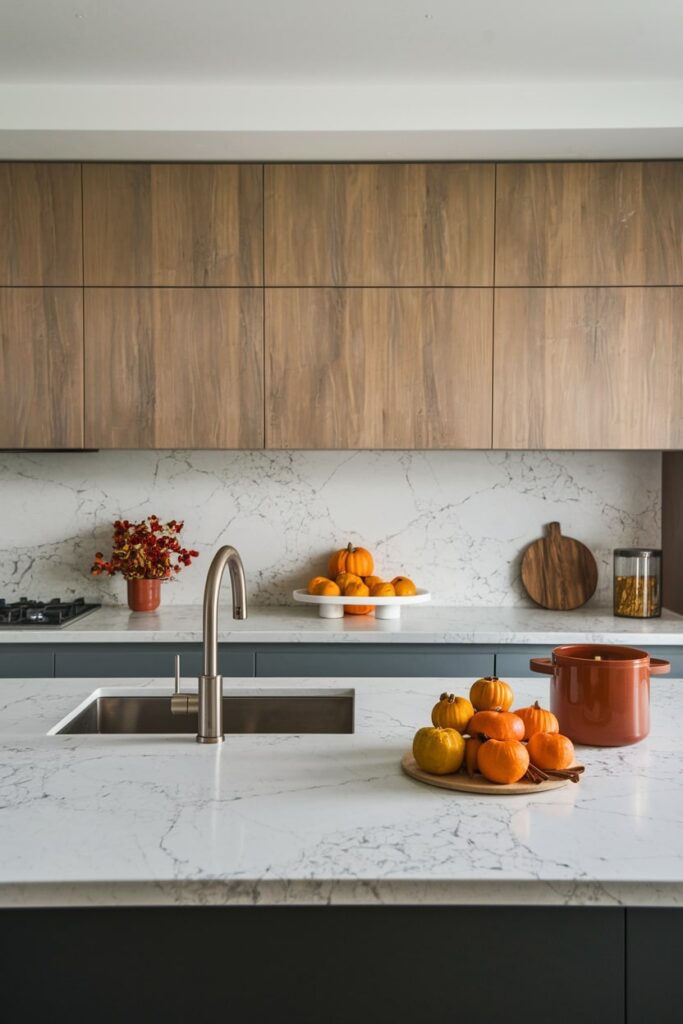 modern wooden and gray kitchen with simmer pot with cinnamon sticks, orange peels as scents, fall kitchen decor