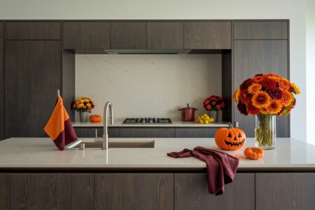 modern wooden kitchen with island and Halloween decorations