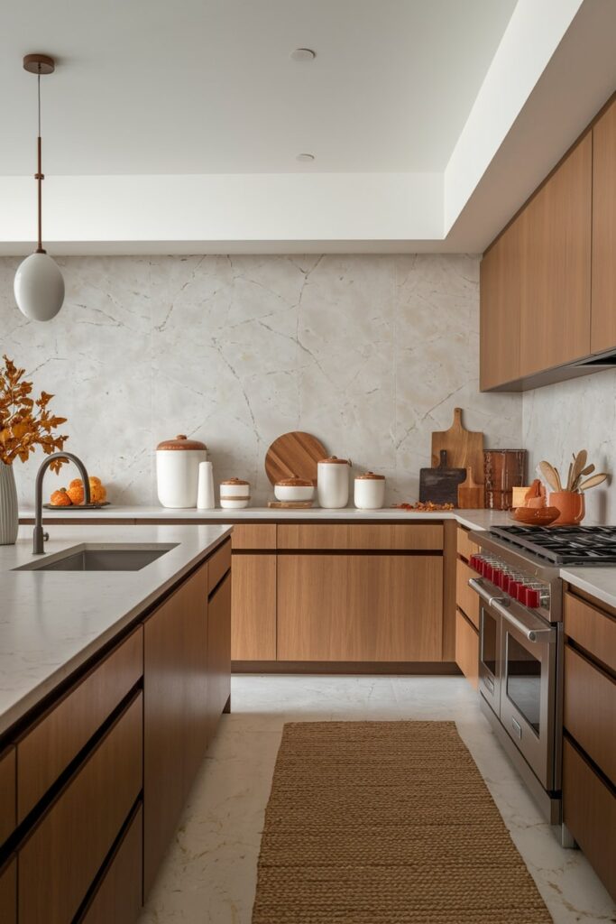 modern wooden kitchen with island and warm burnt orange accents as fall kitchen decor