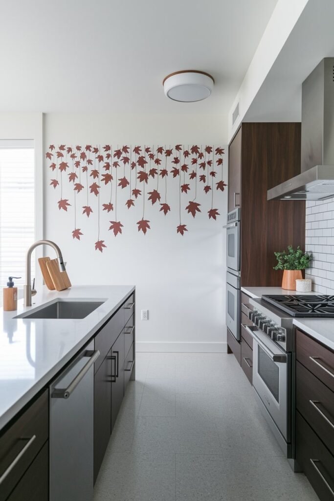 modern wooden kitchen with island, white wall with removable wall decals featuring autumn leaves, fall kitchen decor