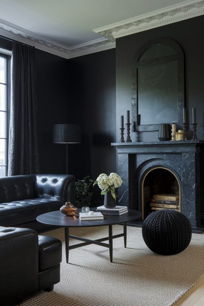 monochromatic black living room with fireplace and leather furniture