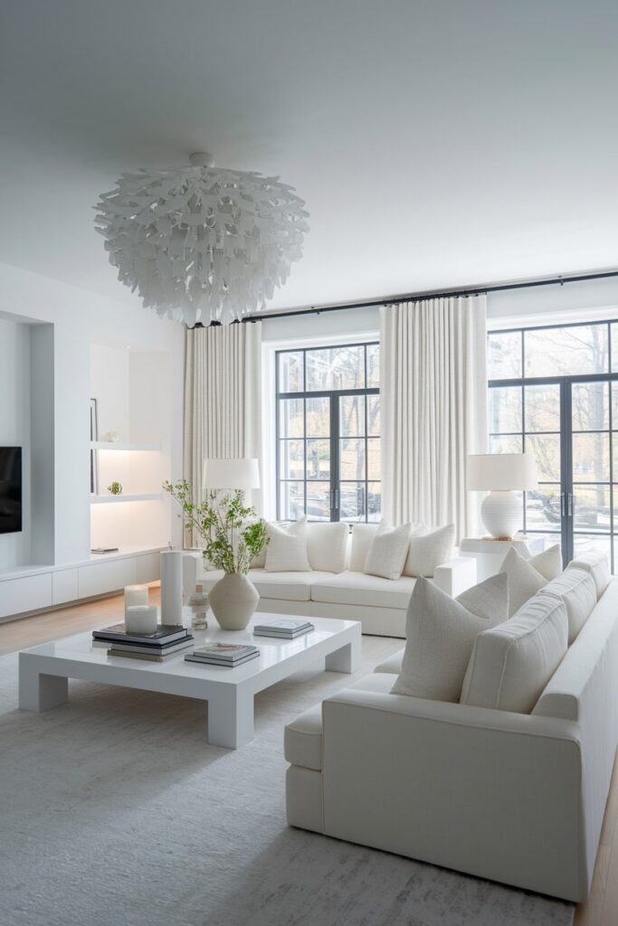 monochromatic modern white living room with statement chandelier