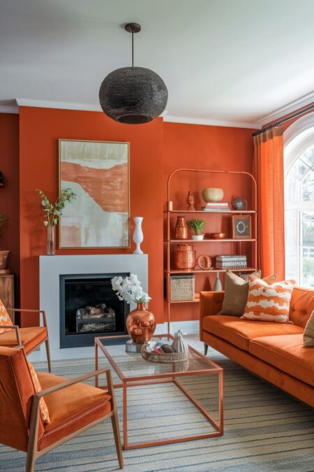 monochromatic orange living room with white fireplace and copper accents