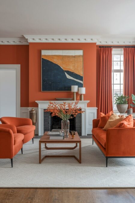 monochromatic orange living room with white fireplace surround