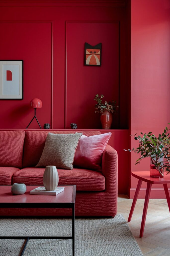 monochromatic red living room with various textures