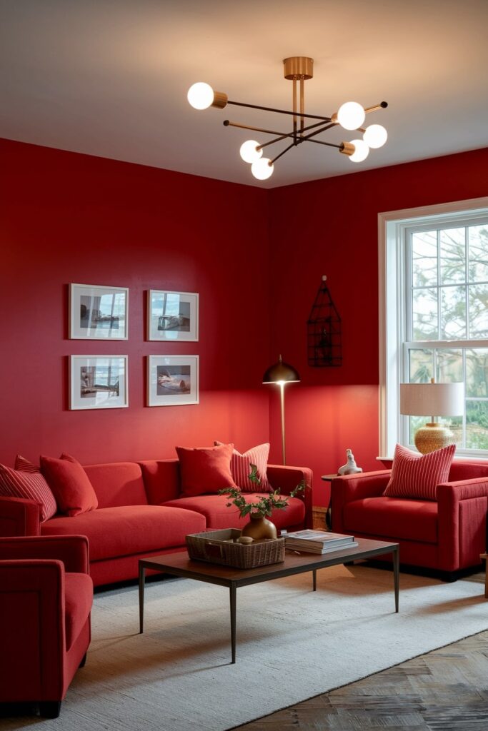 monochromatic red living room with warm lighting