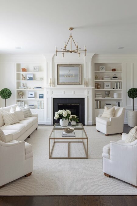 monochromatic white living room with metal accents in lighting, coffee table, and mirror frame