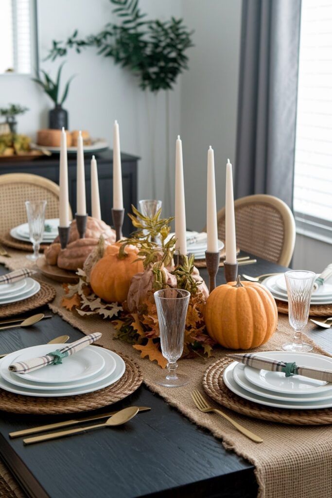 natural burlap table runner on the black dining table with Thanksgiving decor