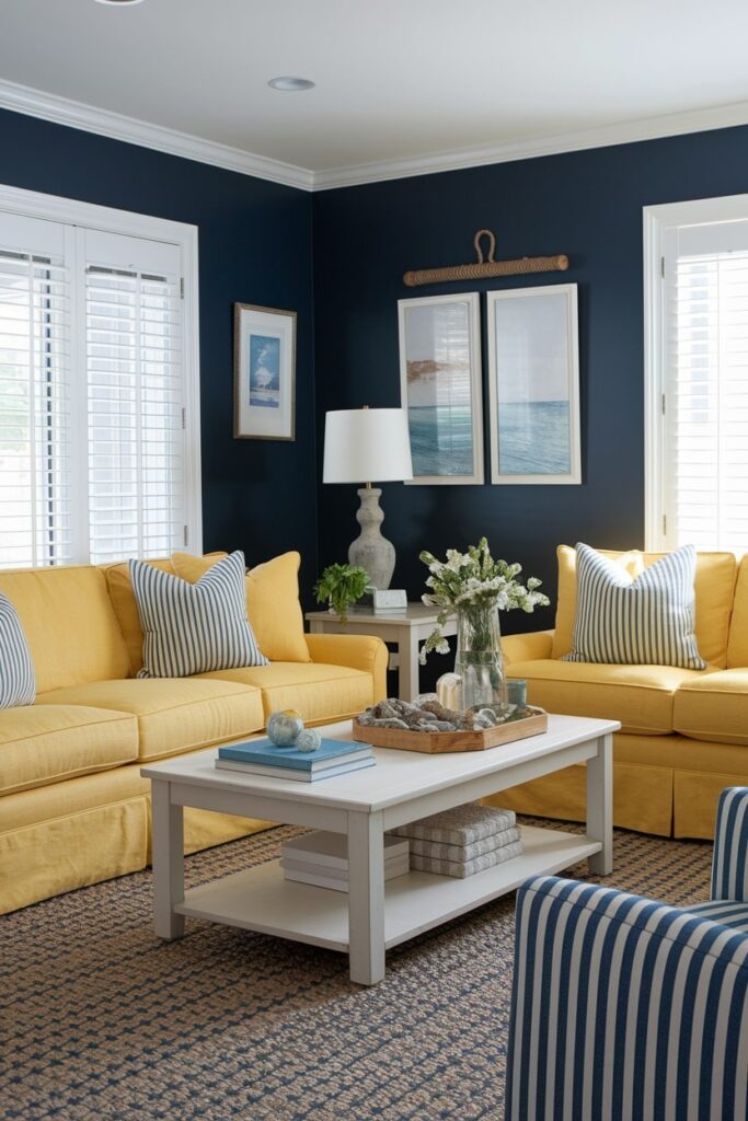 nautical-inspired living room with navy blue walls and yellow couches
