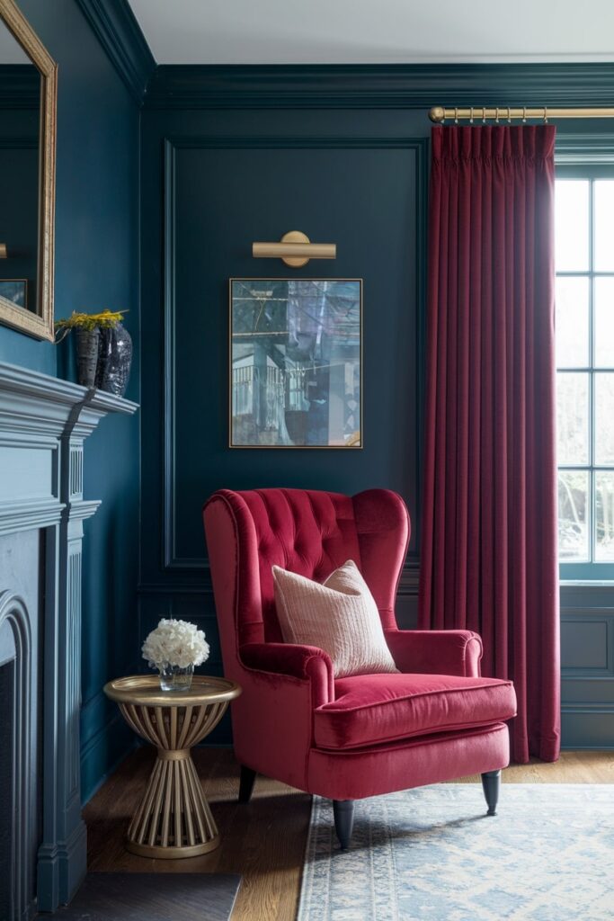 navy blue living room with red velvet accent chair and curtains