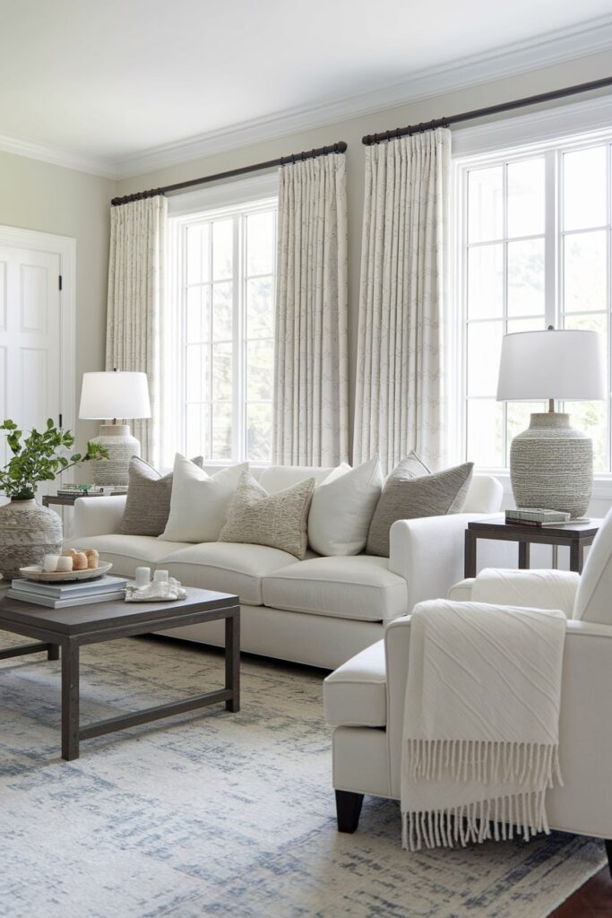 neutral living room with plush white sofa and textured throw pillows