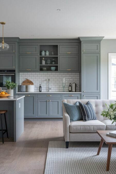 open space living room kitchen with gray kitchen cabinets, light gray walls and couch